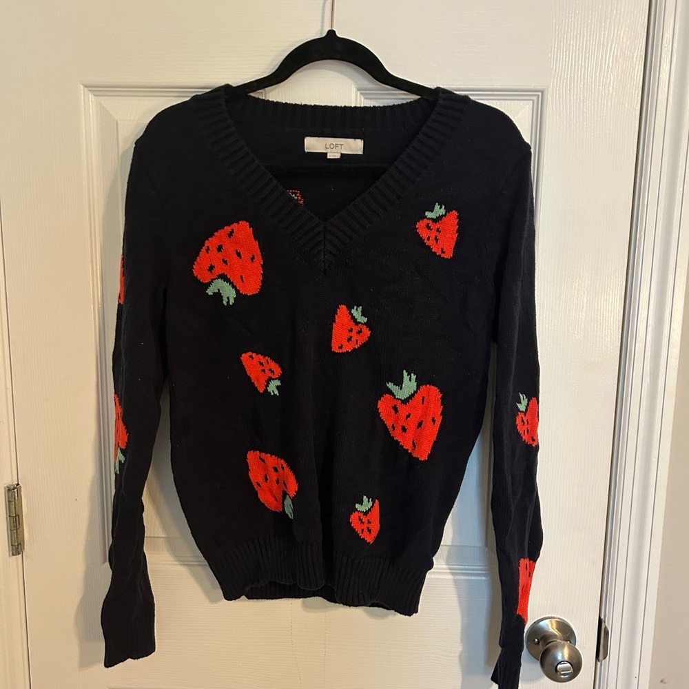 LOFT navy Sweater with Red Strawberry Design